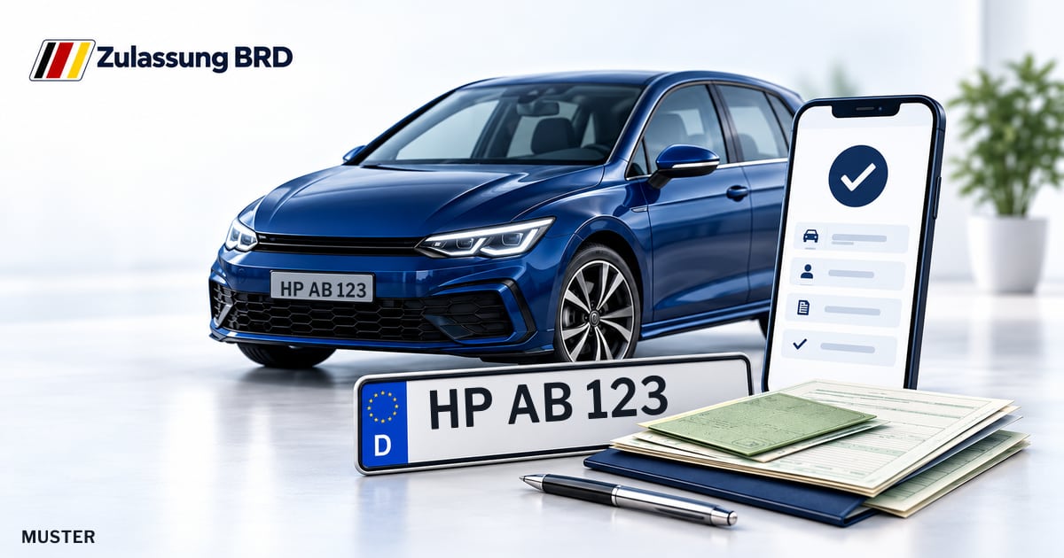 Online Fahrzeugzulassung in Lautertal (Odenwald): Musterkennzeichen HP AB 123, Auto und Fahrzeugpapiere und Smartphone. Illustration mit Logo von Zulassung BRD.